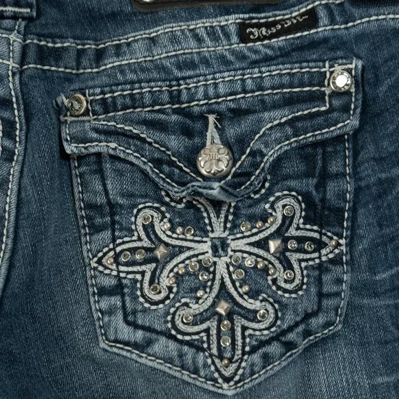 Miss Me Jeweled Boot Jeans y2k Bedazzled Iron Cross Embroidered Flare Denim - Picture 8 of 11
